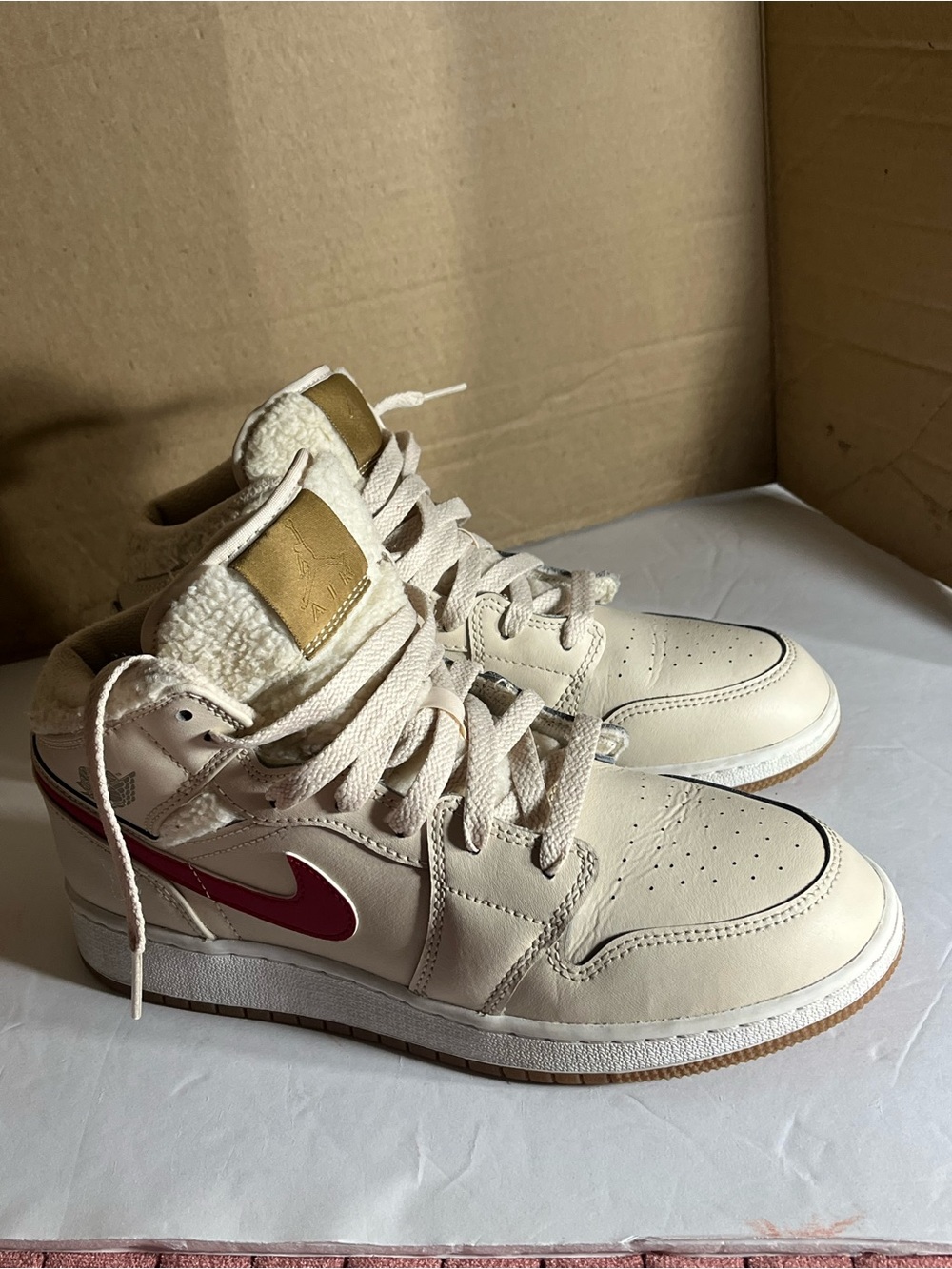 Nike Cream High-Top Sneakers with Pink Swoosh